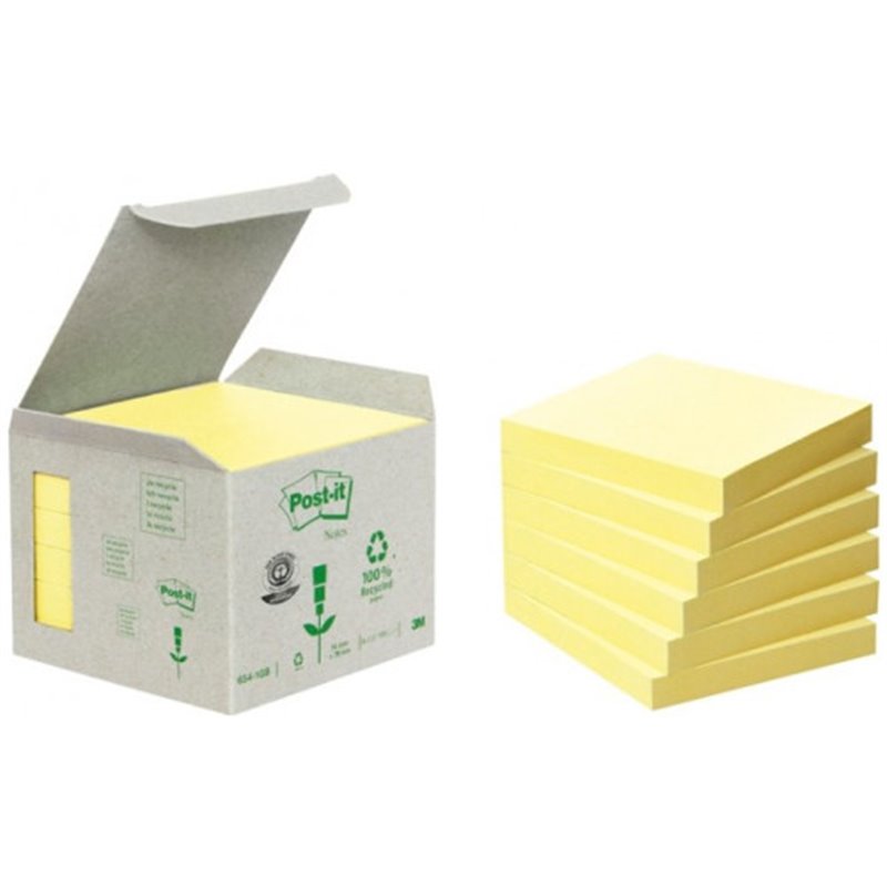 PACK 6 BLOCS 100 HOJAS NOTAS RECICLADAS ADHESIVAS 76X76MM AMARILLO CAJA CARTÓN 654-1B POST-IT 7100172252