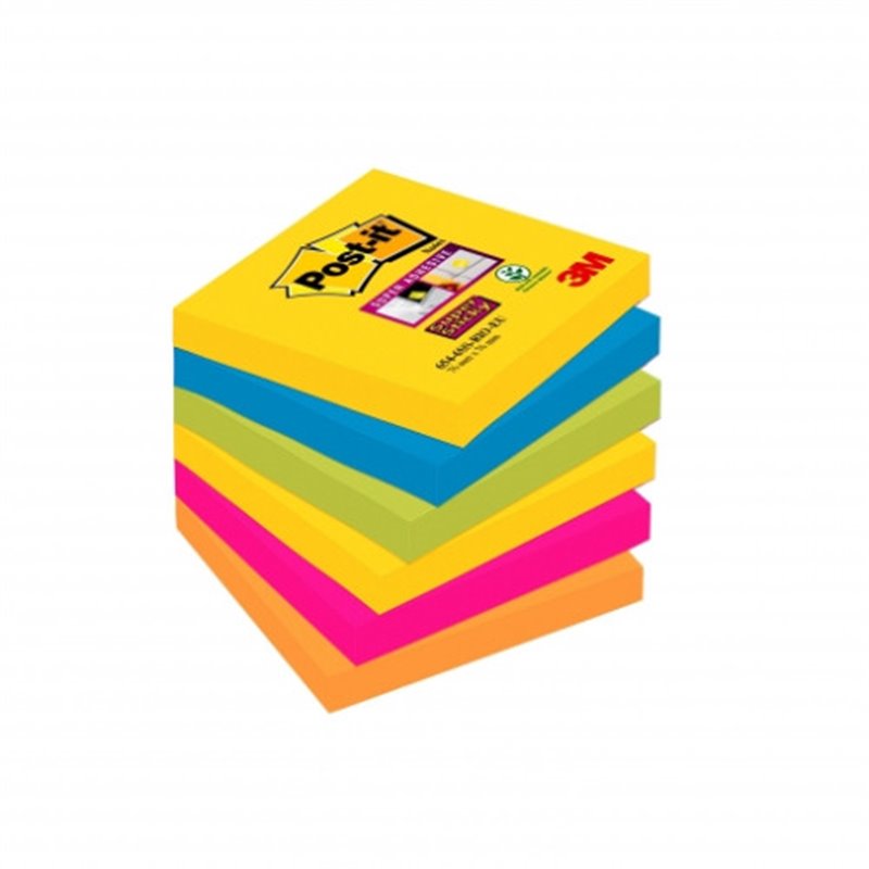 PACK 6 BLOCS 90 HOJAS NOTAS ADHESIVAS 76X76MM SUPER STICKY COLORES VARIADOS 654-6SS-CARN POST-IT 7100265522