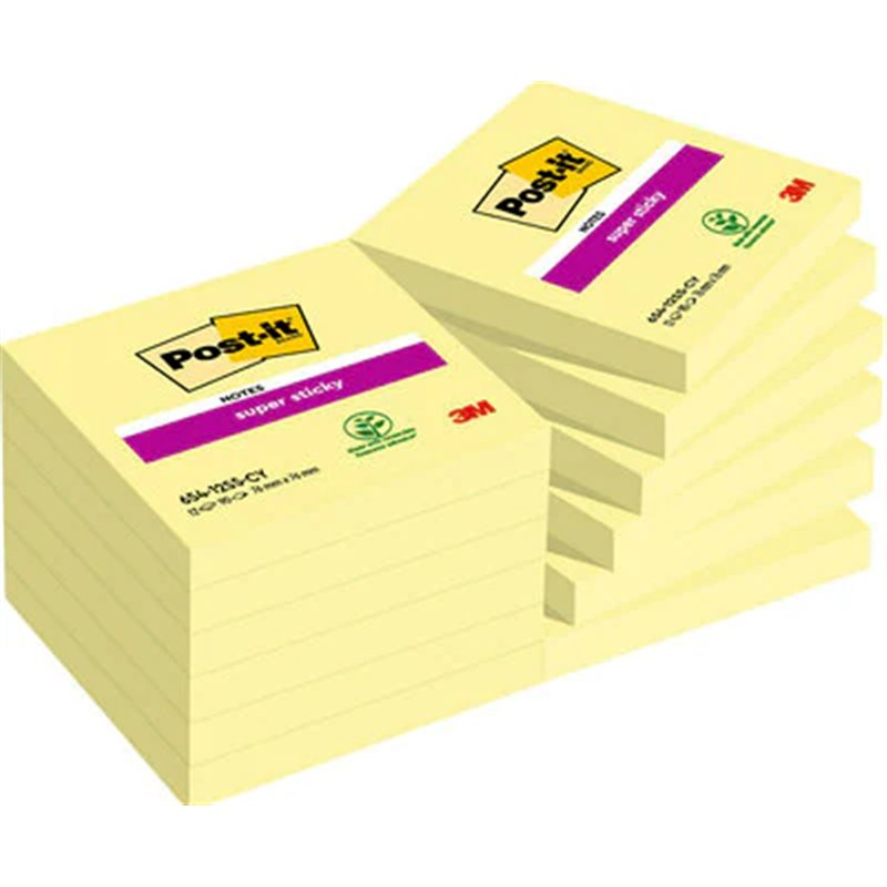 PACK 12 BLOCS 90 HOJAS NOTAS ADHESIVAS 76X76MM SUPER STICKY SIN ENCELOFANADO INDIVIDUAL 654-12SSCY-EU POST-IT 7100290155