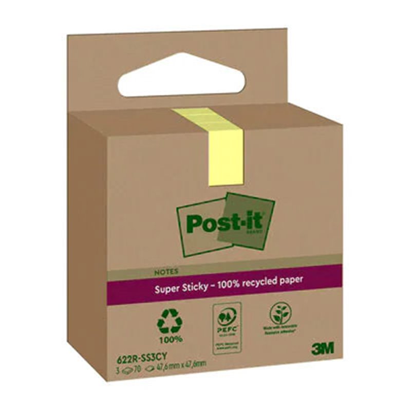 PACK 3 BLOCS 70 HOJAS NOTAS RECICLADAS ADHESIVAS 47,6X47,6MM SUPER STICKY AMARILLO PASTEL CAJA CARTÓN 622 RSS3CY POST-IT 7100284