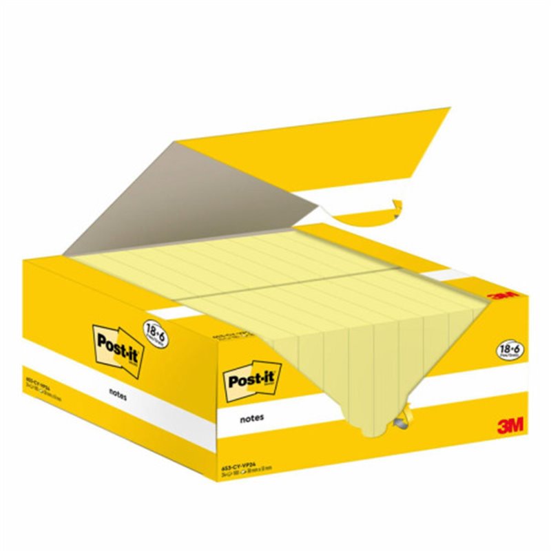 PACK 18+6 BLOCS 100 HOJAS NOTAS ADHESIVAS 38X51MM CANARY YELLOW CAJA CARTÓN 653-CY-VP24 POST-IT 7100317764