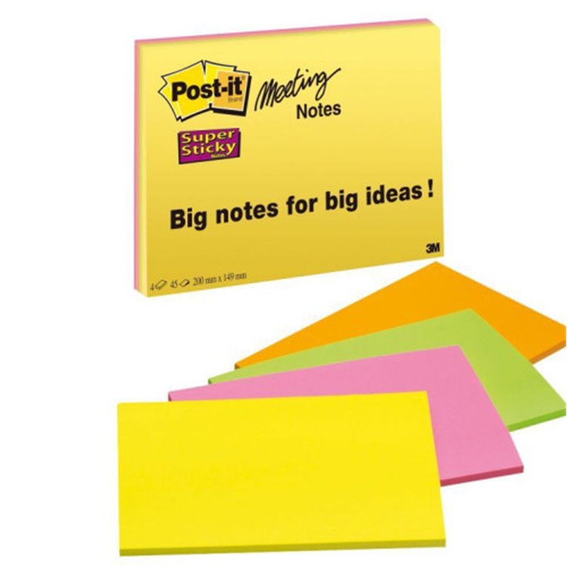 PACK 4 BLOCS 45 HOJAS NOTAS GRANDES ADHESIVAS 101X152MM SUPER STICKY COLORES SURTIDOS NEÓN 6845-SSP POST-IT 7100234637