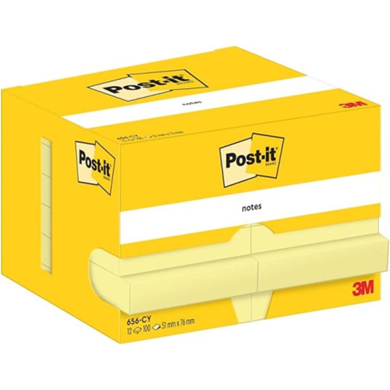 PACK 12 BLOCS 100 HOJAS NOTAS ADHESIVAS 51X76MM CANARY YELLOW CAJA CARTÓN 656 POST-IT 7100290170