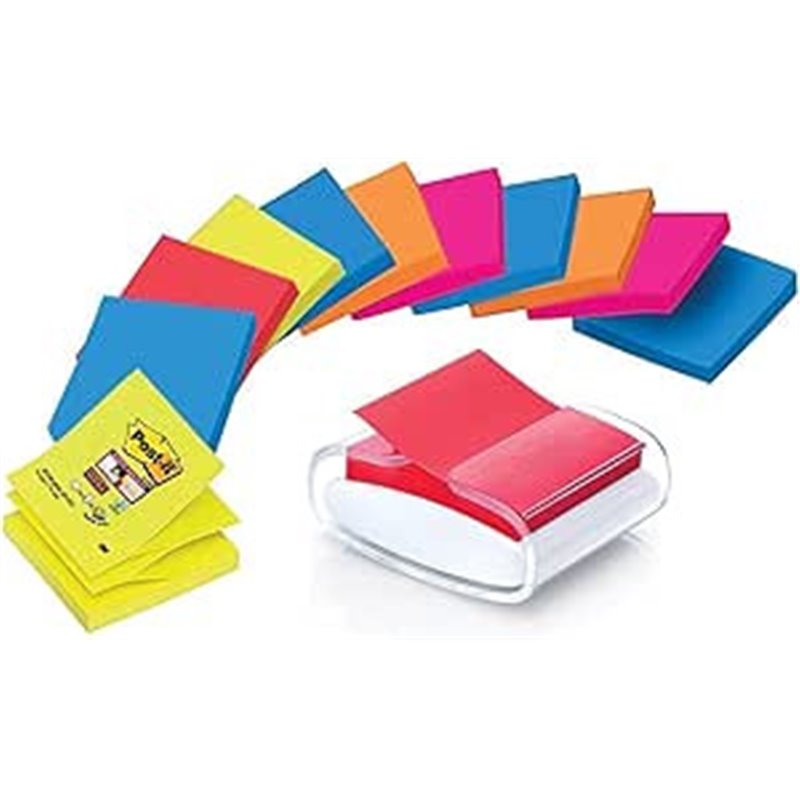 PACK DISPENSADOR BLANCO PRO + 12 BLOCS 90 HOJAS Z-NOTES 76X76MM SUPER STICKY COLORES VARIADOS PRO-W-1SSCOL-R330 POST-IT 71000393