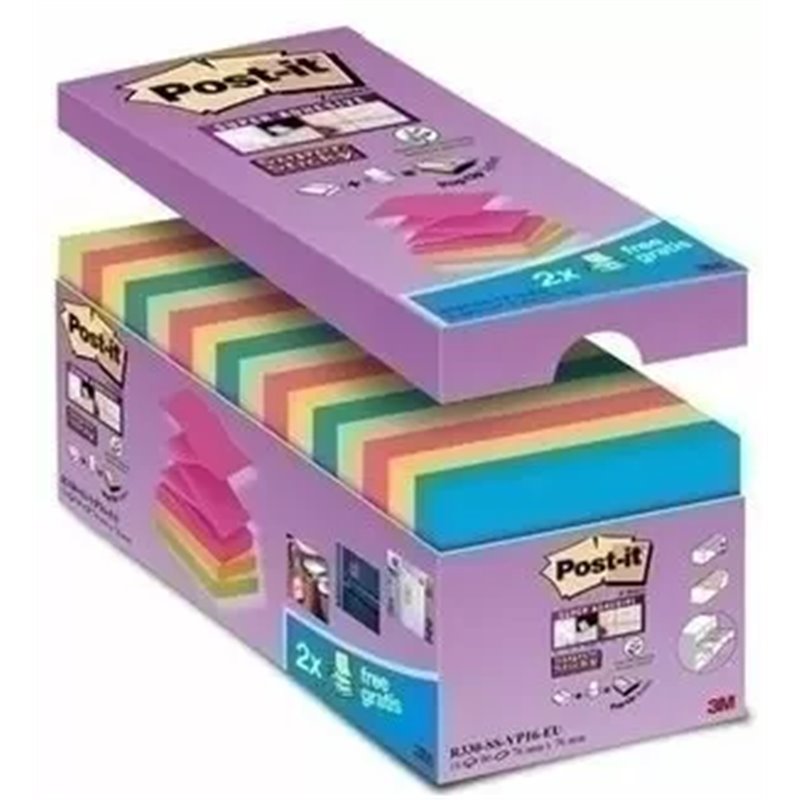 PACK 16+4 BLOCS 90 HOJAS Z-NOTES ADHESIVAS 76X76MM SUPER STICKY COLORES SURTIDOS R330-SS-VP16-EU POST-IT 7100234249