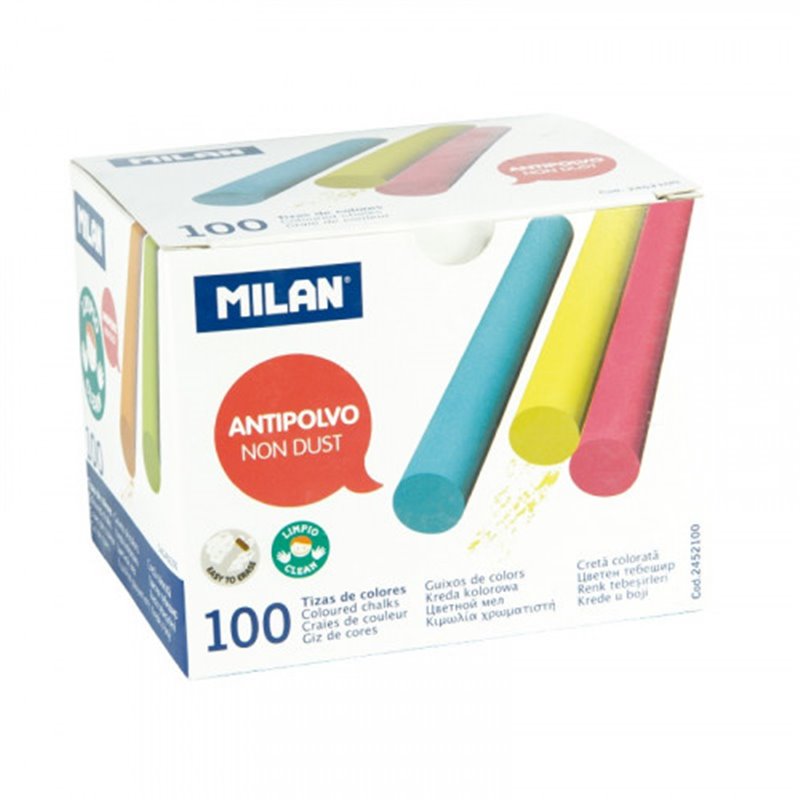 CAJA 100 TIZAS DE CARBONATO DE CALCIO DE COLORES REDONDAS -ANTIPOLVO MILAN 2452100