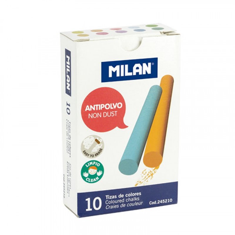 CAJA 10 TIZAS DE CARBONATO DE CALCIO DE COLORES REDONDAS -ANTIPOLVO MILAN 245210