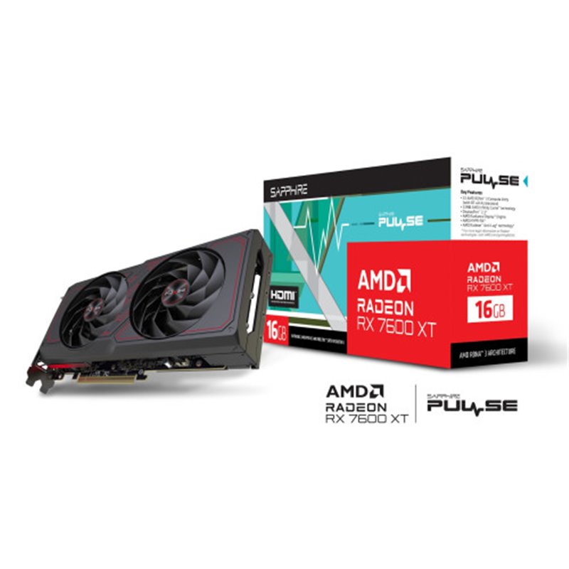 VGA SAPPHIRE PULSE RADEON RX 7600 XT GAMING OC 16GB,AMD,RX7600XT,16GB,GDDR6,128BIT,2HDMI+2DP (2 VENTILADORES)