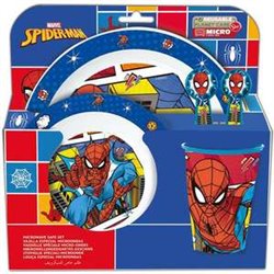 SET DE PLATO, CUENCO, VASO, CUCHARA Y TENEDOR SPIDERMAN ARACHNID GRID (APTO PARA MICROONDAS)