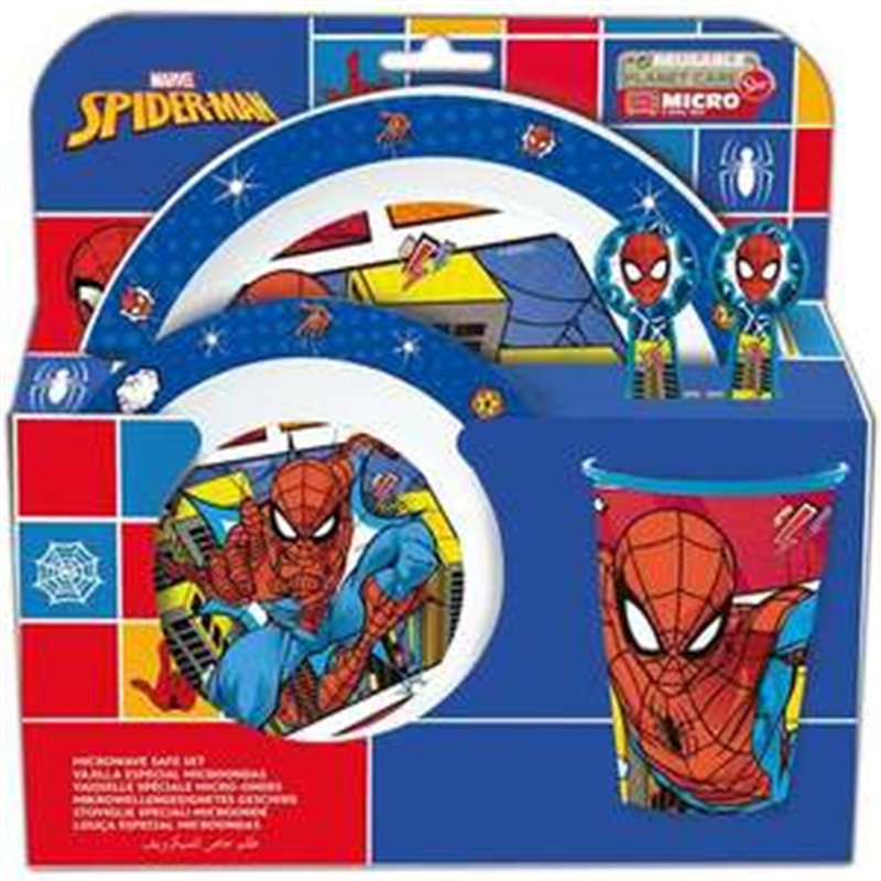 SET DE PLATO, CUENCO, VASO, CUCHARA Y TENEDOR SPIDERMAN ARACHNID GRID (APTO PARA MICROONDAS)