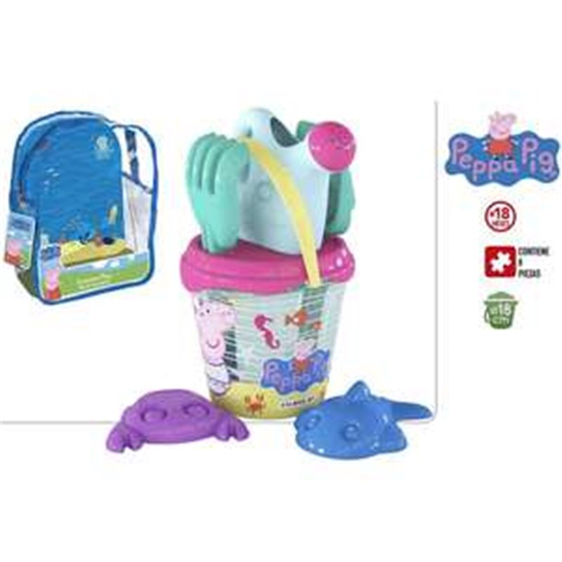 MOCHILA CUBO PLAYA PEPPA PIG 18CM CON REGADERA,PLAYA Y RASTRILLO.