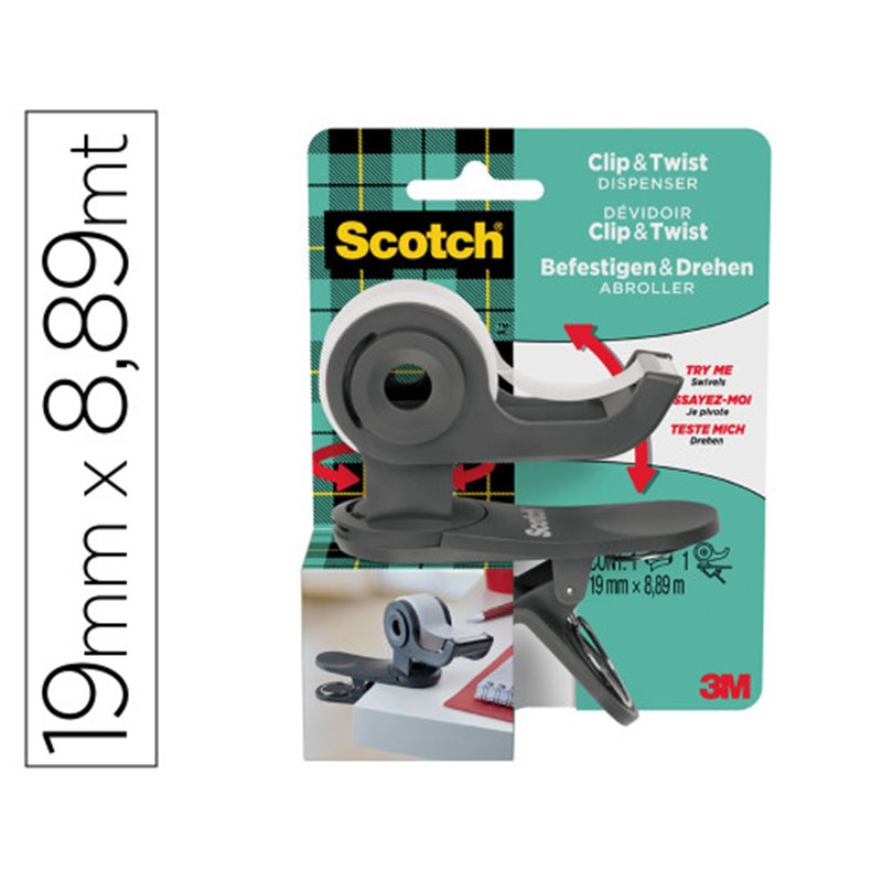 DISPENADOR CLIP&TWIST C19 GRIS CON ROLLO CINTA INVISIBLE 19MM X 8,89M MAGIC C19-CLIP-CG-EMEA SCOTH 7100225277