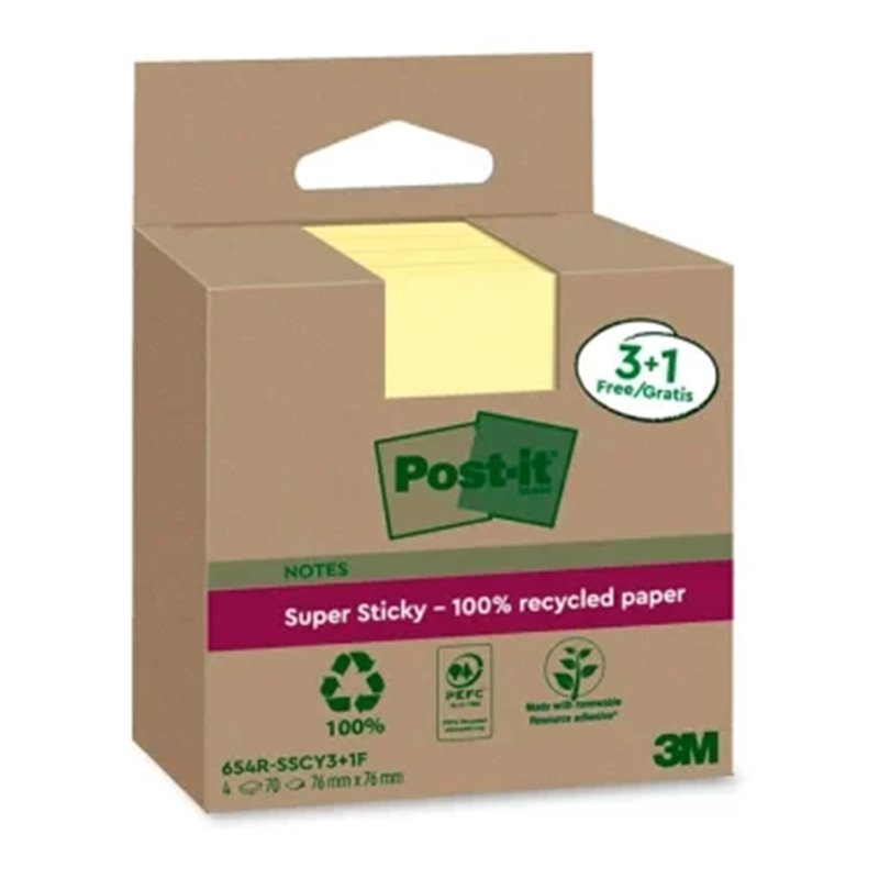 PACK 3+1 BLOCS 90 HOJAS NOTAS RECICLADAS ADHESIVAS 76X76MM SUPER STICKY AMARILLO PASTEL 654 RSSCY3+1F POST-IT 7100285105