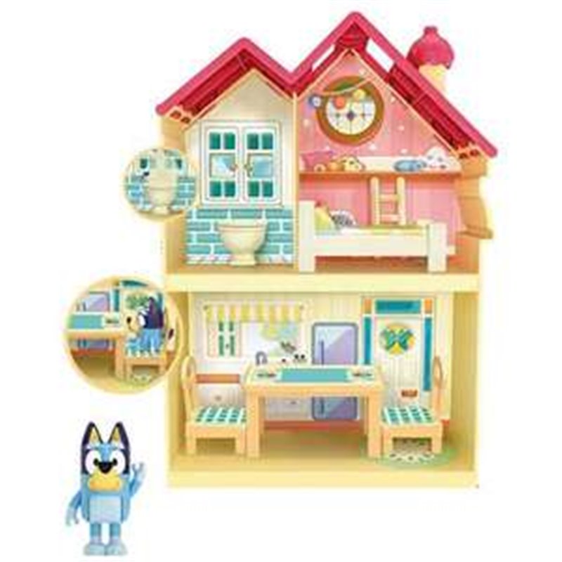 MINI CASA BLUEY 28 CM CON DOS PLANTAS Y DIFERENTES ESTANCIAS, INCLUYE FIGURA DE BLUEY 7 CM