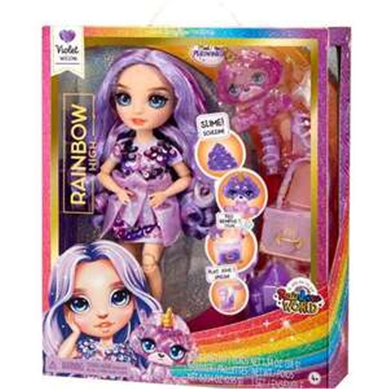 MUÑECA VIOLET ARTICULADA RAINBOW WORLD 22 CM. CON MASCOTA Y ACCESORIOS