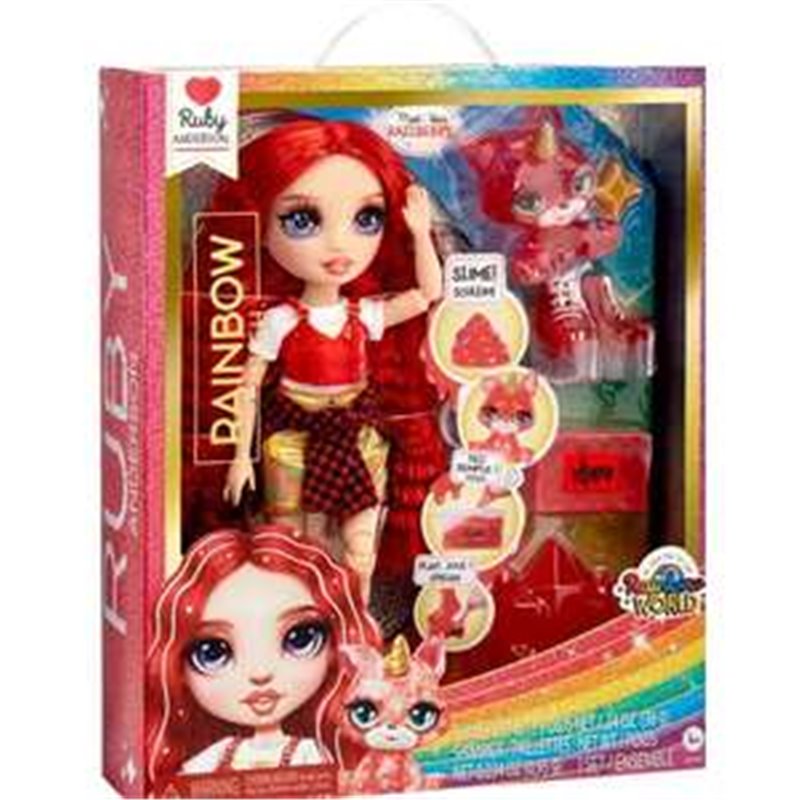 MUÑECA RUBY ARTICULADA RAINBOW WORLD 22 CM. CON MASCOTA Y ACCESORIOS.