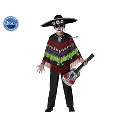 DISFRAZ ESQUELETO PONCHO MUSICAL DIVERTIDO NEGRO NIÑO