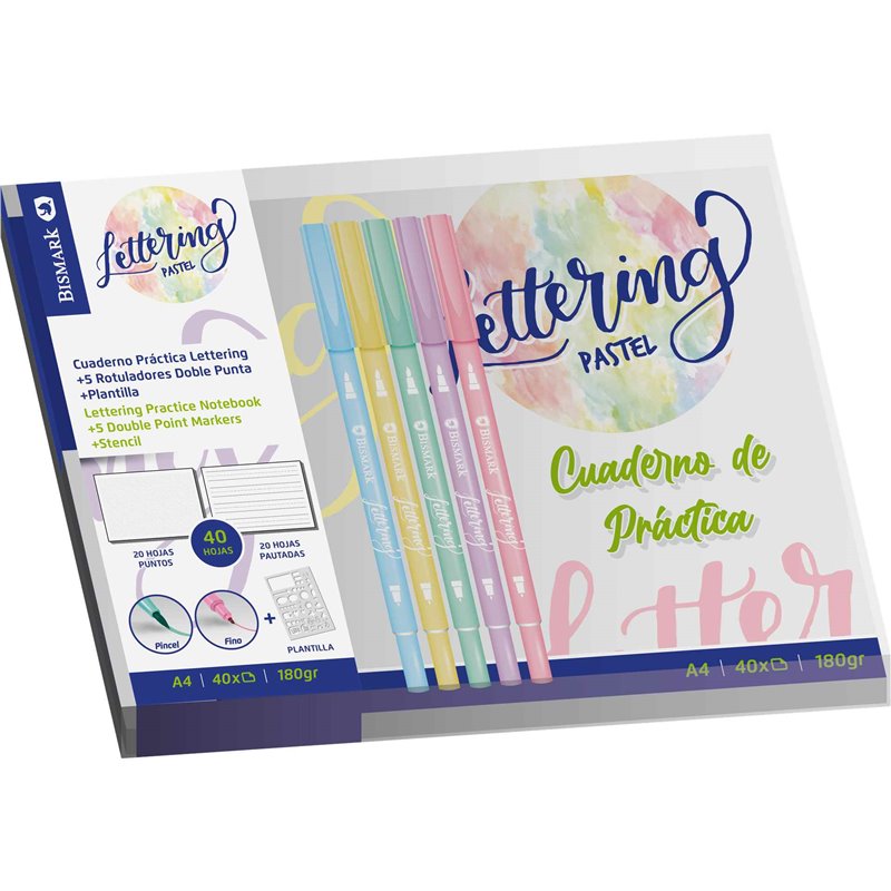 CUADERNO DE LETTERING PASTEL A4 +5 ROTULADORES + PLANTILLA