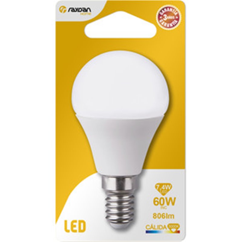 BOMBILLA LED ESFERICA G45 E14 7,4W (60W) 806LM 3000K 15000H RAYDAN HOME BL.1