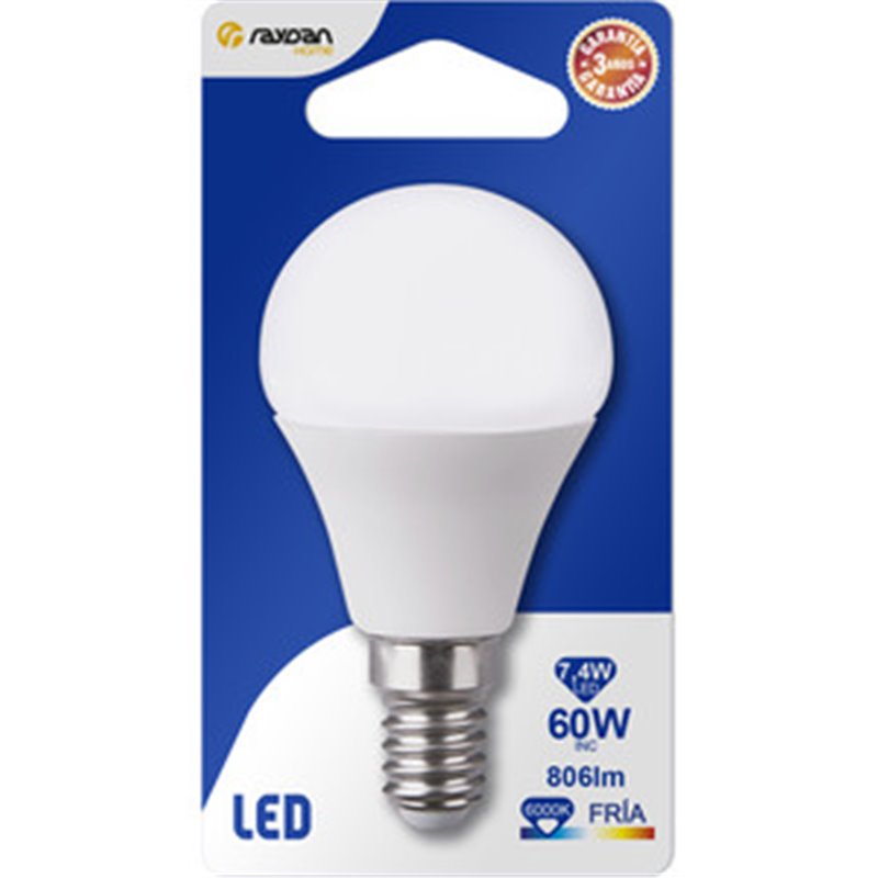 BOMBILLA LED ESFERICA G45 E14 7,4W (60W) 806LM 6000K 15000H RAYDAN HOME BL.1