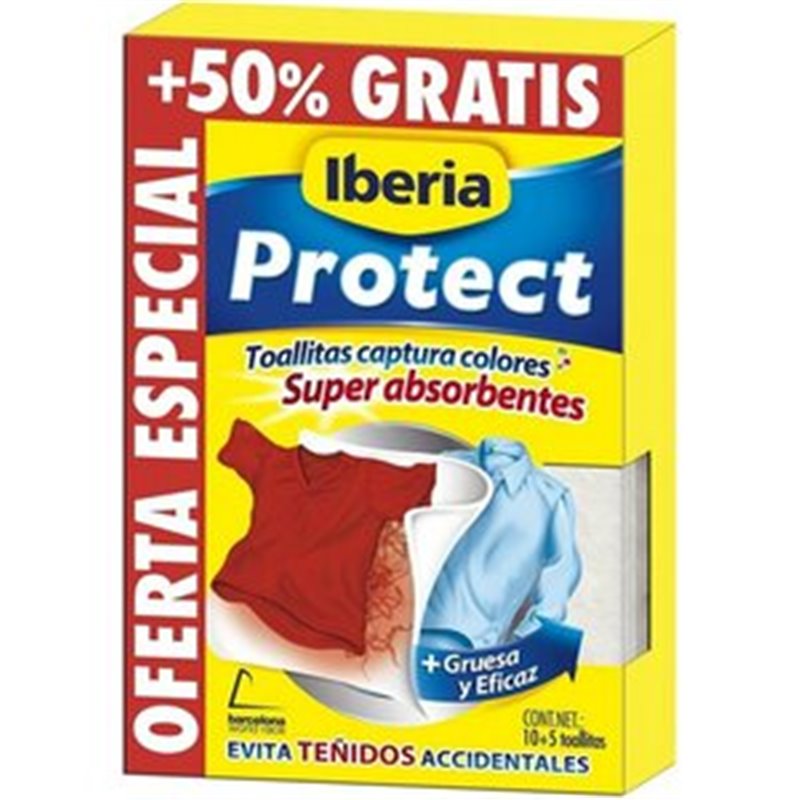 PROTECT TOALLITAS SUPER ABSORBENTES PARA ROPA DE COLOR EVITA TEÑIDOS ACCIDENTALES CAJA 15 UNIDADES