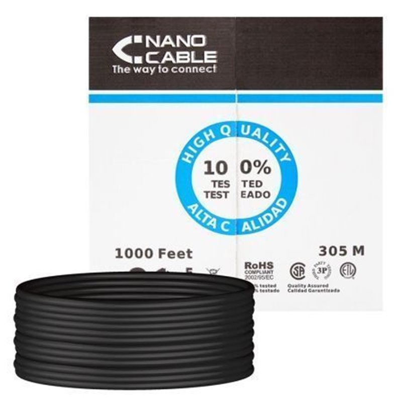 Bobina de Cable RJ45 para Exteriores UTP Nanocable 10.20.0304-EXT-BK Cat.5e/ 305m/ Impermeable/ Negro