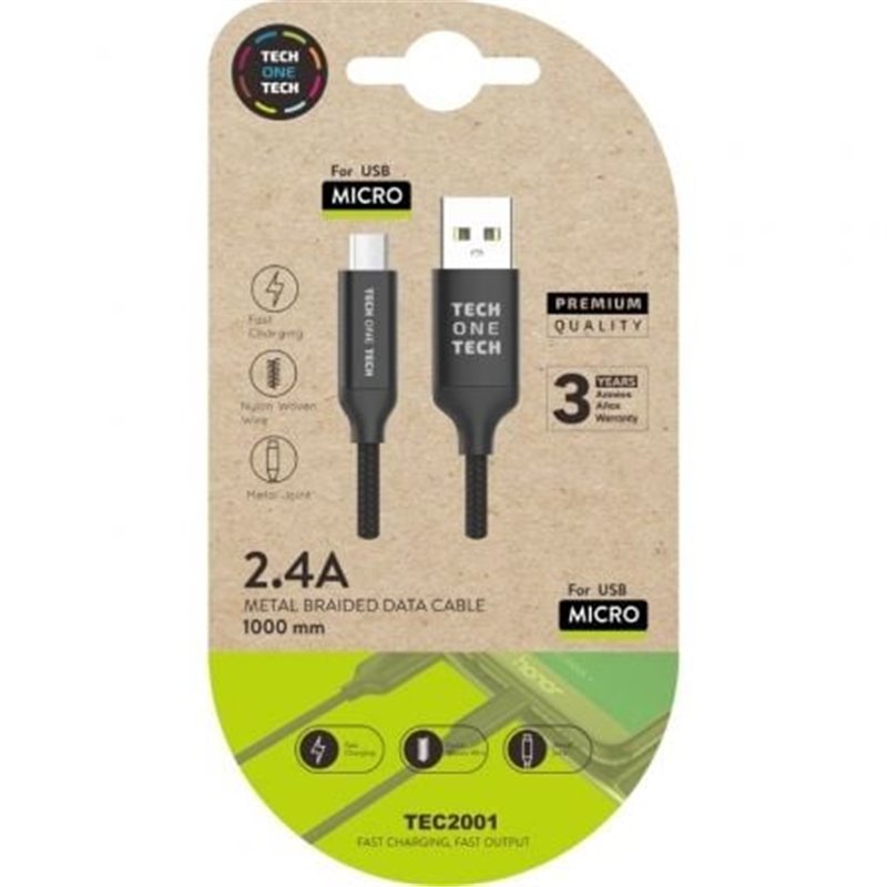 Cable USB 2.0 Tech One Tech TEC2001/ USB Macho - MicroUSB Macho/ 1m/ Negro