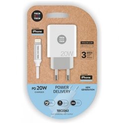 Cargador de Pared Tech One Tech TEC2262/ 1xUSB Tipo-C + Cable Lightning/ 3A/ Blanco