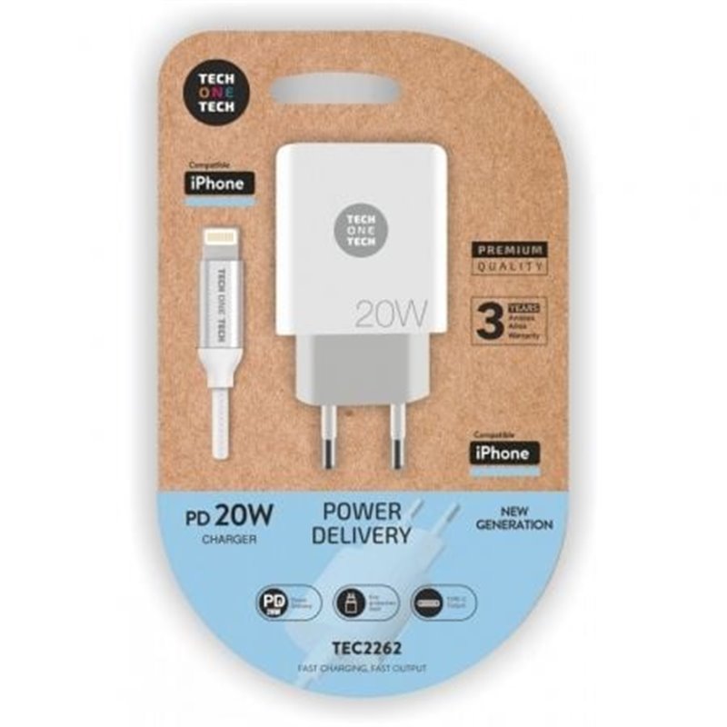 Cargador de Pared Tech One Tech TEC2262/ 1xUSB Tipo-C + Cable Lightning/ 3A/ Blanco