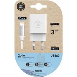 Cargador de Pared Tech One Tech TEC2402/ 2xUSB + Cable Lightning/ 2.4A/ Blanco