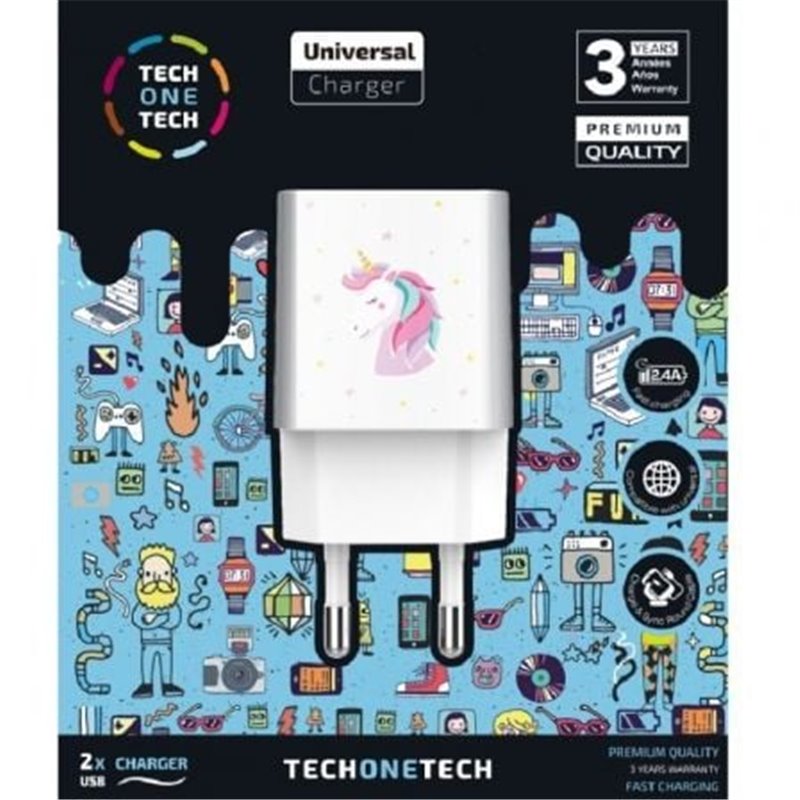 Cargador de Pared Tech One Tech Unicornio Dream/ 2xUSB/ 2.4A/ Blanco