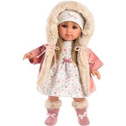 MUÑECA ELENA CON VESTIDO FLORES, ABRIGO ROSA CON GORRO Y CALCETAS DE PELO. 35 CM