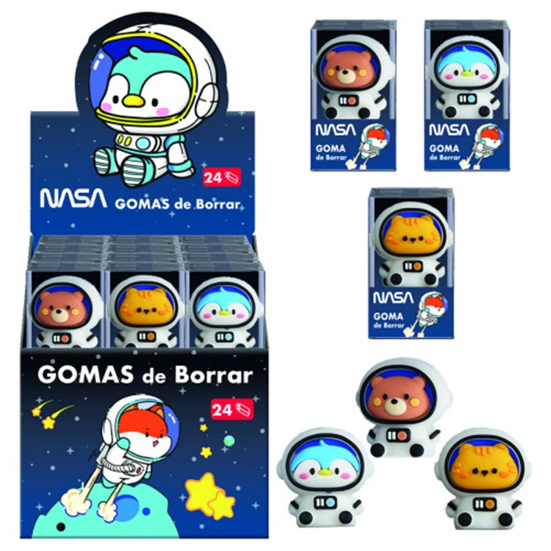 EXPOSITOR CON 24 GOMAS DE BORRAR ASTRONAUTAS-ANIMALES - NASA DOHE 79648