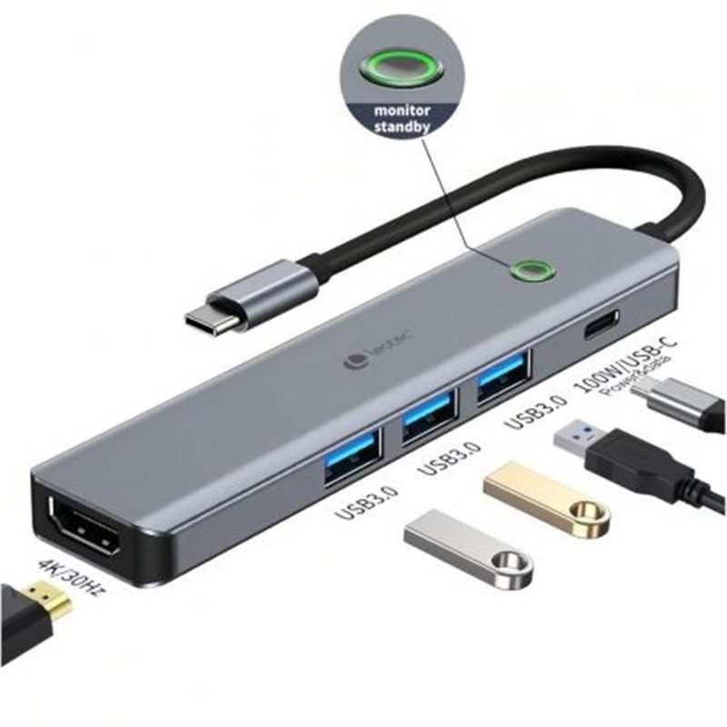 Docking USB Tipo-C Leotec LEDS05/ 3xUSB/ 1xUSB Tipo-C PD/ 1xHDMI/ Gris