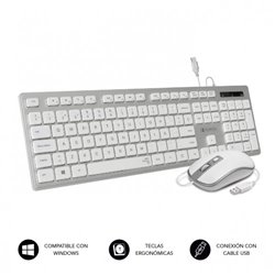 SUBBLIM Teclado Ergonómico y ratón con cable USB Plano Silencioso Plateado/Blanco Ergo