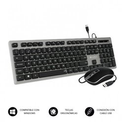 SUBBLIM Teclado Ergonómico y ratón con cable USB Plano Silencioso Gris/Negro Ergo