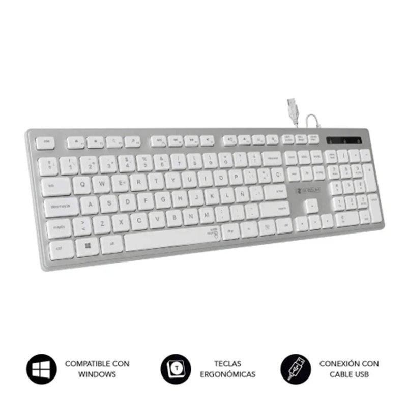 SUBBLIM Teclado Ergonómico con cable USB Plano Silencioso Plateado/Blanco Ergo