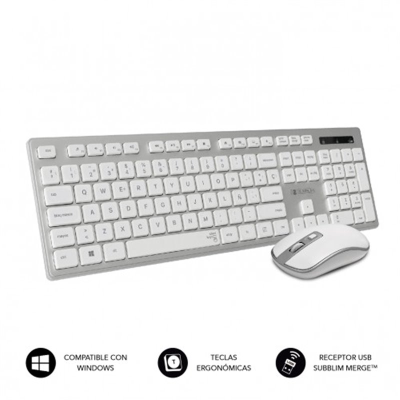 SUBBLIM Teclado Ergonómico y ratón inalámbricos Plano Silencioso Plateado/Blanco Ergo