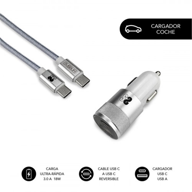 SUBBLIM Cargador Ultra Rapido Coche 2xUSB PD18W+QC3.0 + Cable C to C Silver