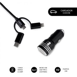 SUBBLIM Cargador Coche 2xUSB Dual Car Charger Alum 2.4A + Cable 3 in 1 Black