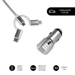 SUBBLIM Cargador Coche 2xUSB Dual Car Charger Alum 2.4A + Cable 3 in 1 Silver