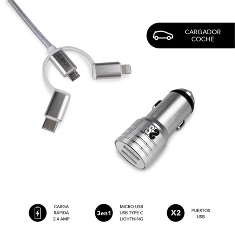 SUBBLIM Cargador Coche 2xUSB Dual Car Charger Alum 2.4A + Cable 3 in 1 Silver