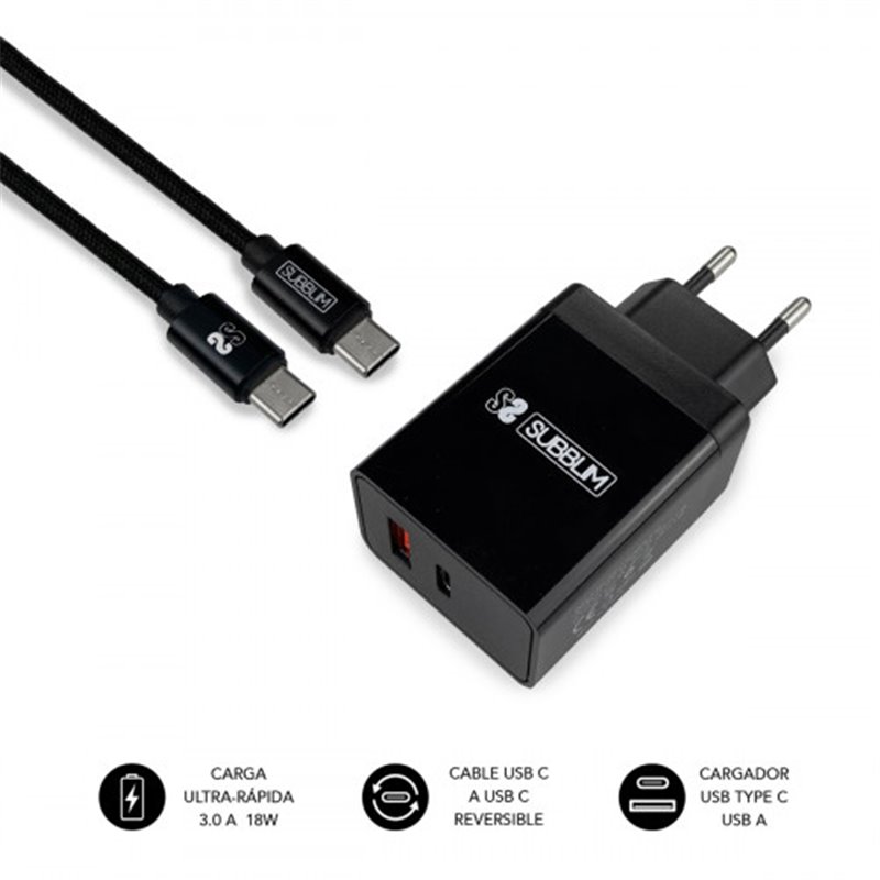 SUBBLIM CARGADOR ULTRA RAPIDO 2xUSB DE PARED PD18W+2.4A + Cable C to C Negro