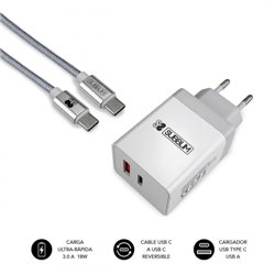 SUBBLIM CARGADOR ULTRA RAPIDO 2xUSB DE PARED PD18W+2.4A + Cable C to C Blanco