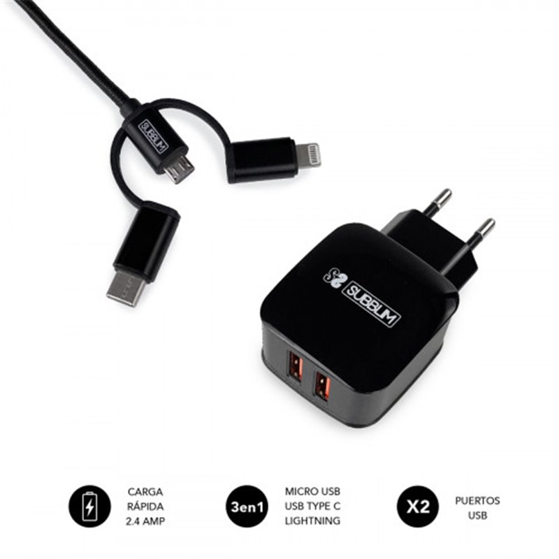 SUBBLIM CARGADOR USB DE VIAJE/PARED 2xUSB (2.4A) + CABLE 3EN1 BLACK Negro Interior