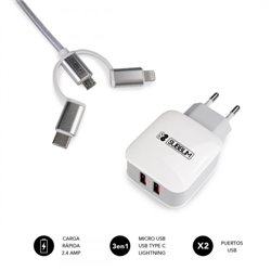 SUBBLIM CARGADOR USB DE VIAJE/PARED 2xUSB (2.4A) + CABLE 3EN1 WHITE Plata, Blanco Interior