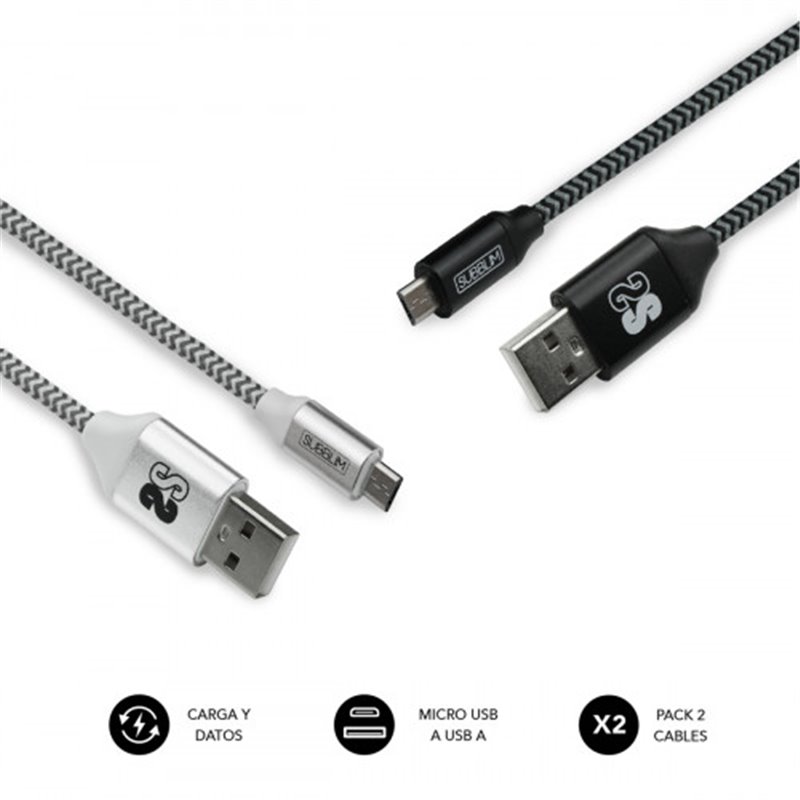 SUBBLIM PACK 2 CABLES USB A MICRO USB (2.4A) 1M BLACK/SILVER