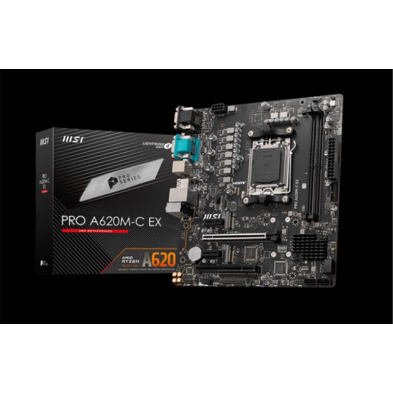 PLACA MSI PRO A620M-C EX,AMD,AM5,A620,2DDR5,128GB,VGA+DVI+HDMI+DP,GBLAN,4SATA6.0+2XM.2,4USB3.2+1USB3.2 TYPE-C,MATX