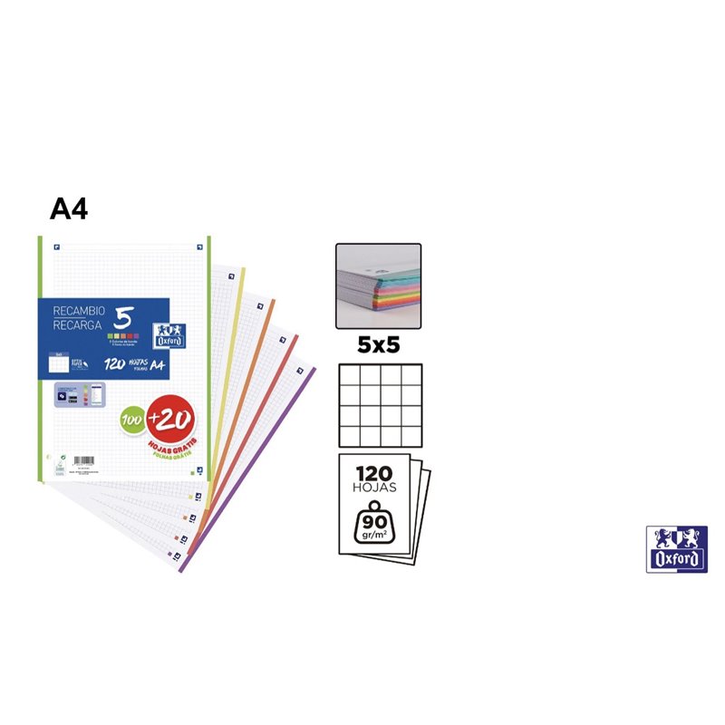 RECAMBIO PERFORADO CUADROS 5X5 OXFORD A4 5 COLORES