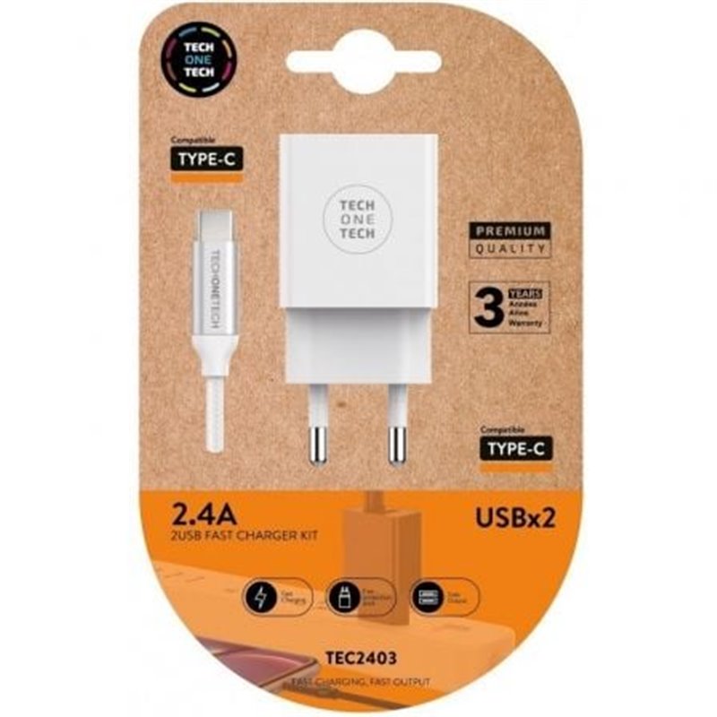 Cargador de Pared Tech One Tech TEC2403/ 2xUSB + Cable USB Tipo-C/ 2.4A/ Blanco